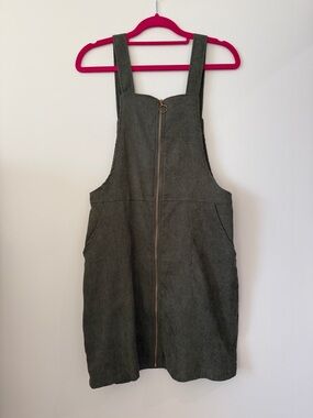 Front-Zip Olive Green Pinafore Dress